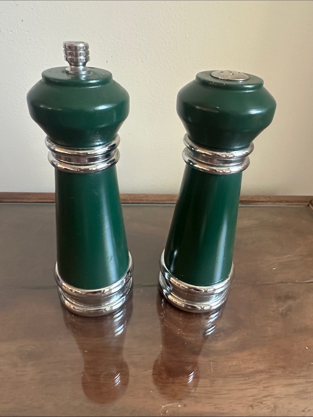 Vintage Olde Thompson Salt & Pepper Mill Grinder Set - Forest Green & Chrome USA